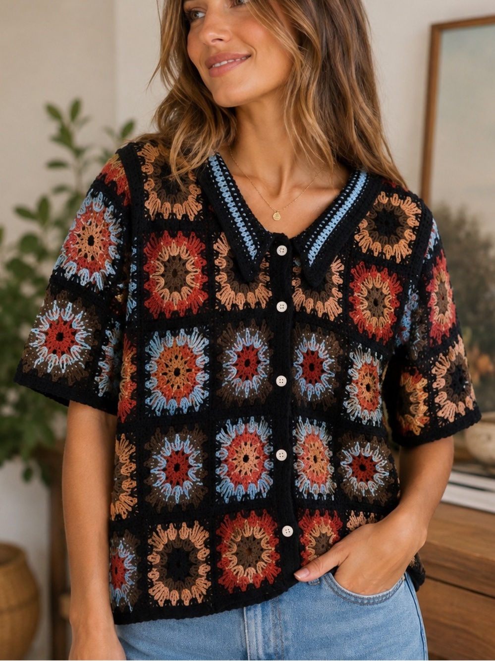 Granny Square Crochet Bohemian Sweater Sapphire